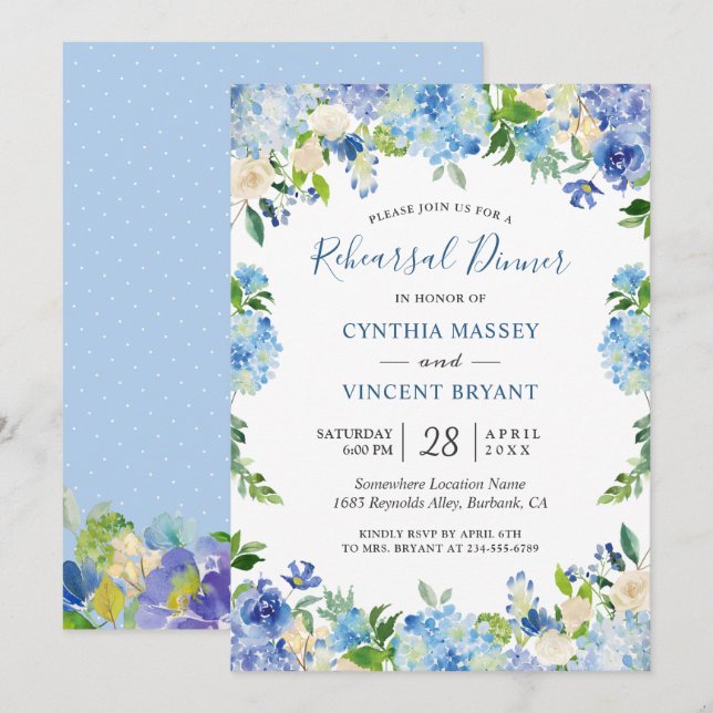 Light Blue Hydrangeas Floral Chic Rehearsal Dinner Invitation (Front/Back)