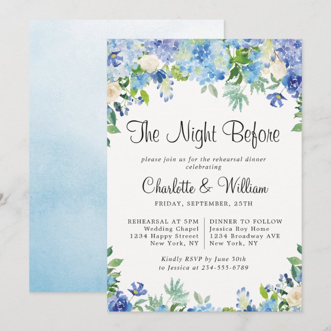Light Blue Hydrangeas Floral Chic Rehearsal Dinner Invitation (Front/Back)