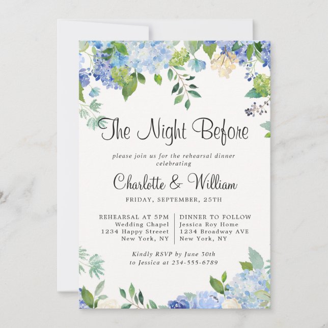 Light Blue Hydrangeas Floral Chic Rehearsal Dinner Invitation (Front)