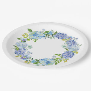 Light Blue Hydrangeas Floral Wedding Party Paper Plate
