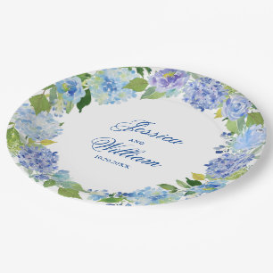 Light Blue Hydrangeas Floral Wedding Party Paper Plate