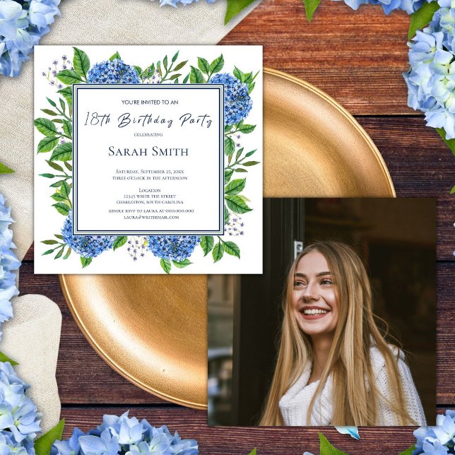 Light Blue Hydrangeas Photo 18th Birthday Party  Invitation (Front/Back)