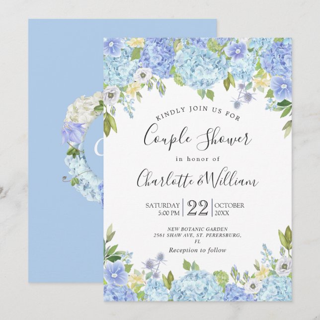 Light Blue Hydrangeas Watercolor Couple Shower Invitation (Front/Back)