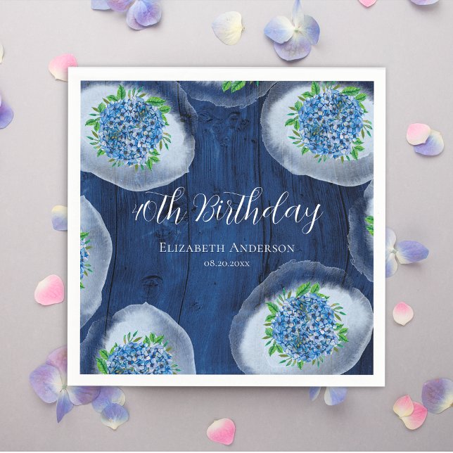 Light Blue Hydrangeas Wood 40th Birthday Party Napkin (Creator Uploaded)