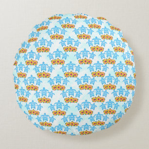 Light Blue Island Tribal Green Sea Turtles Round Cushion