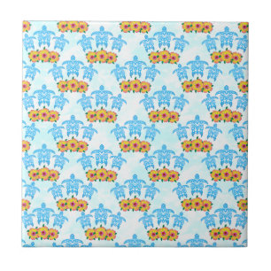 Light Blue Island Tribal Green Sea Turtles Tile