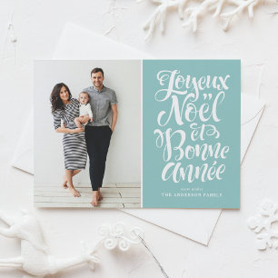 Light Blue Joyeux Noël et Bonne Année Script Photo Holiday Postcard