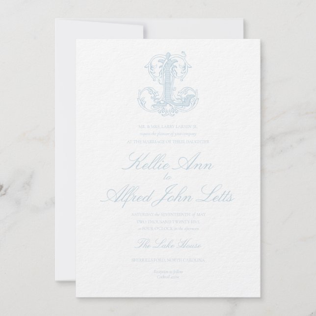 Light Blue "L" Monogram Wedding Invitation (Front)