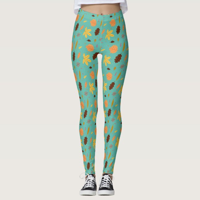 Light Blue Leaf Print Leggings – Soft, Stylish (Front)