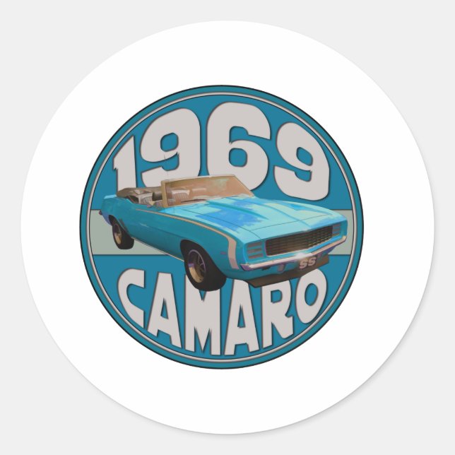 Light Blue Line 1969 Camaro Super Sport Classic Round Sticker (Front)