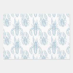 Light Blue line drawing of a Lobster Wrapping Paper Sheet