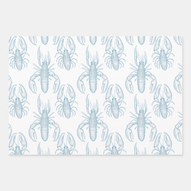 Light Blue line drawing of a Lobster Wrapping Paper Sheet (Front)