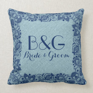 Light Blue Linen & Navy Navy Lace Frame Cushion