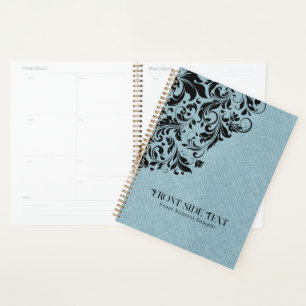 Light Blue Linen Texture Black Floral Ornament Planner