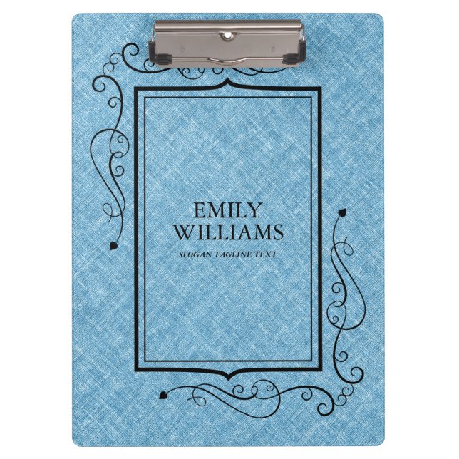 Light Blue Linen Texture Black Vintage Frame Clipboard (Front)