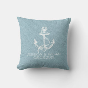 Light Blue Linen & White Boat Anchor Cushion