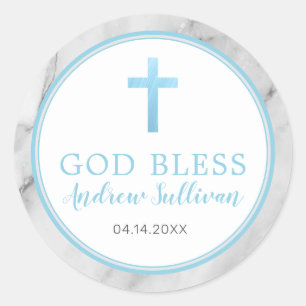 Light Blue Marble Baptism Favor Classic Round Sticker