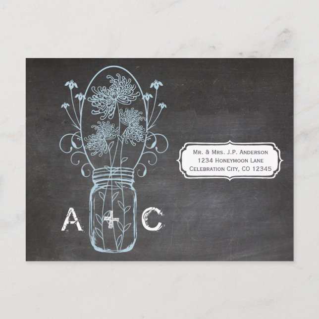 Light Blue Mason Jar Chalkboard Wedding Postcard (Back)
