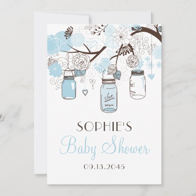 Light Blue Mason Jars and Flowers Baby Shower Invitation (Front)