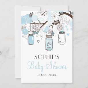 Light Blue Mason Jars and Flowers Baby Shower Invitation