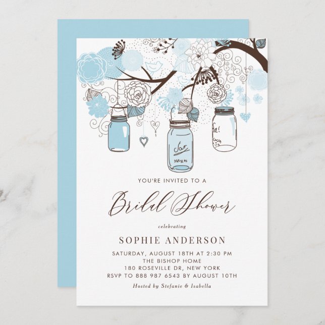 Light Blue Mason Jars Bridal Shower Invitation (Front/Back)