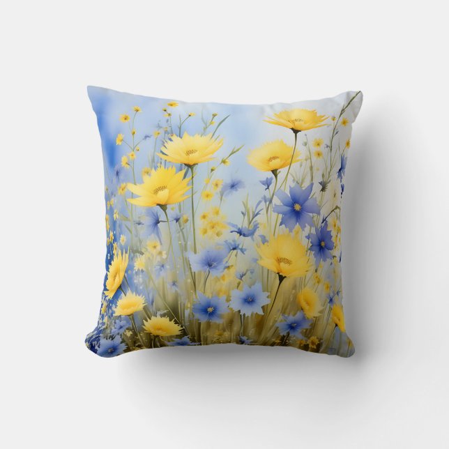 Light Blue Meadow with Delicate Wildflowers Cushion (Front)