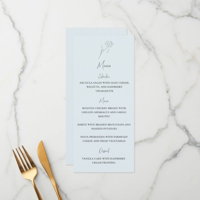 Light Blue Minimalist Flower Monogram Wedding Menu (Front/Back In Situ)