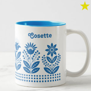 Light Blue Minimalist Folk Art Floral Custom Name Two-Tone Coffee Mug