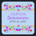 Light Blue Mis Quince Anos Mexican Fiesta Flowers Square Sticker<br><div class="desc">Custom blue and purple Mis Quince Años favour stickers on handy sticker sheets for your invitation envelope seals, favour bags, gift wrap and party decorations. The template is set up ready for you to add your name and the date of your birthday or your quinceanera celebration. This fun and colourful...</div>