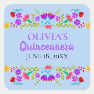 Light Blue Mis Quince Anos Mexican Fiesta Flowers Square Sticker