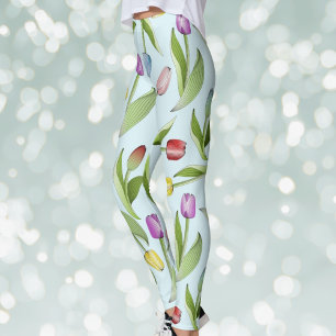 Light Blue Modern Colourful Tulip Floral Pattern Leggings