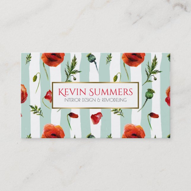 Light Blue Modern Stripes & Red Poppies pattern Business Card (Front)