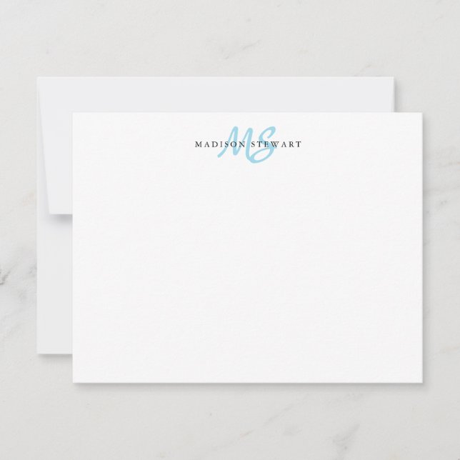 Light Blue Modern Stylish Brush Script Monogram Card (Front)