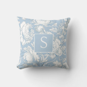 Light Blue Monogram Floral Chinoiserie Cushion
