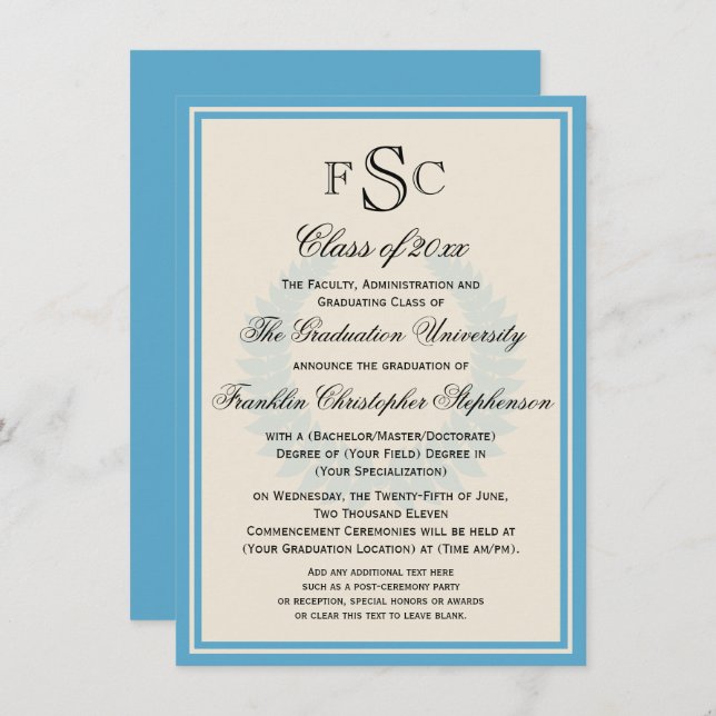 Light Blue Monogram Laurel College Graduation Invitation (Front/Back)