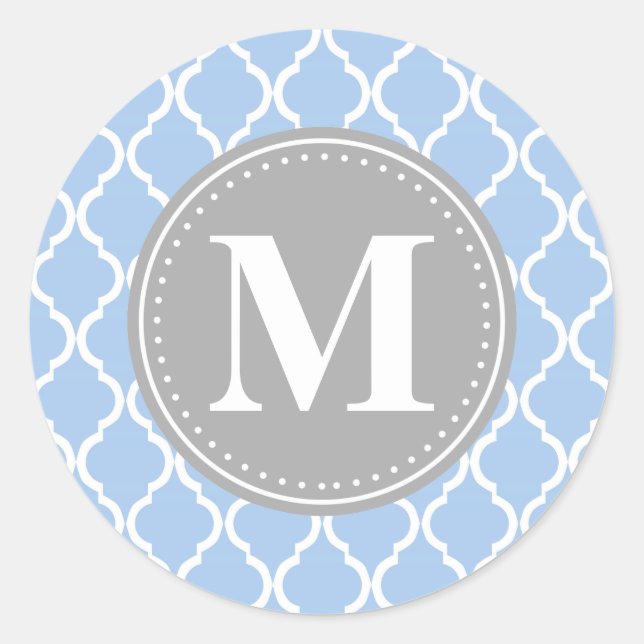 Light Blue Moroccan Lattice Grey Monogram Classic Round Sticker (Front)