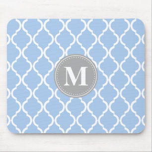 Light Blue Moroccan Lattice Grey Monogram Mouse Mat