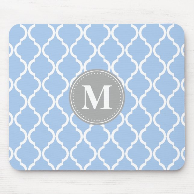 Light Blue Moroccan Lattice Grey Monogram Mouse Mat (Front)
