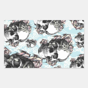 Light blue multi rose skull damask rectangular sticker