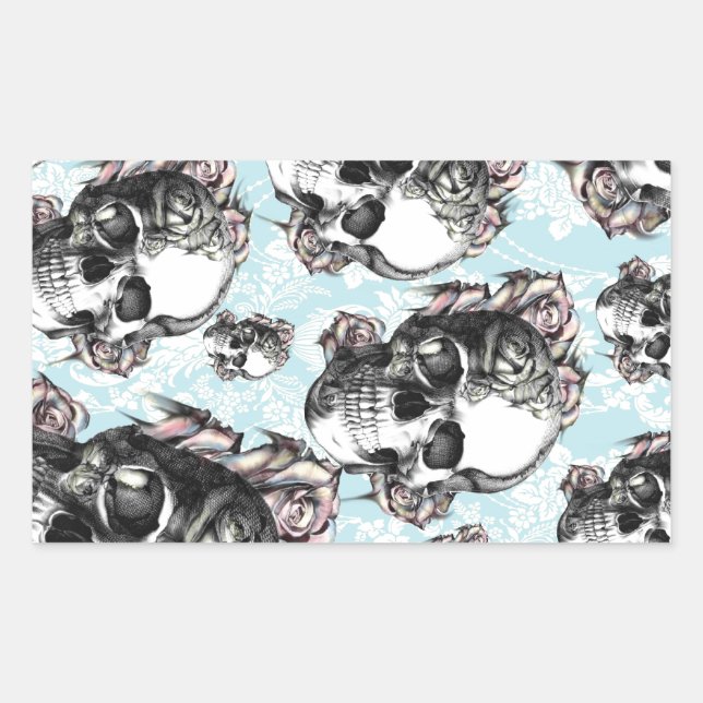 Light blue multi rose skull damask rectangular sticker (Front)