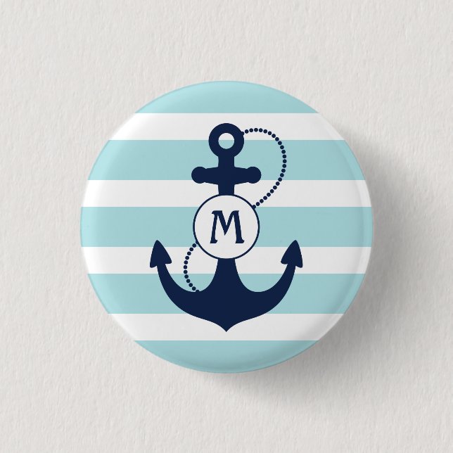 Light Blue Nautical Anchor Monogram 3 Cm Round Badge (Front)