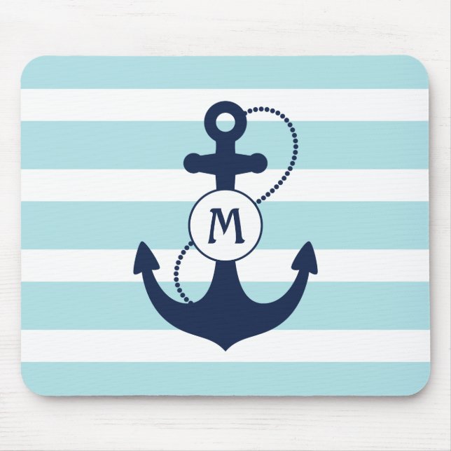 Light Blue Nautical Anchor Monogram Mouse Mat (Front)