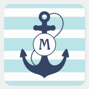 Light Blue Nautical Anchor Monogram Square Sticker