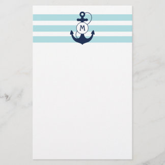Light Blue Nautical Anchor with Monogram Stationery