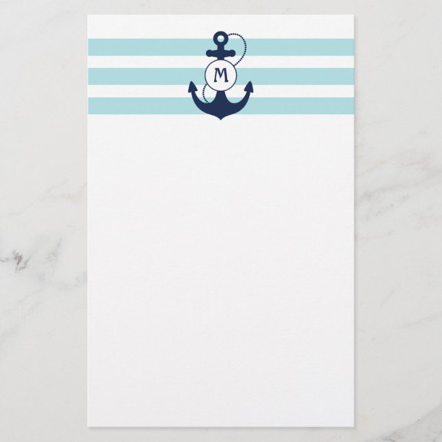 Light Blue Nautical Anchor with Monogram Stationery (Front)