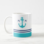 Light Blue Nautical Monogram Coffee Mug<br><div class="desc">Navy blue and sky blue nautical stripes with anchor and monogram.</div>