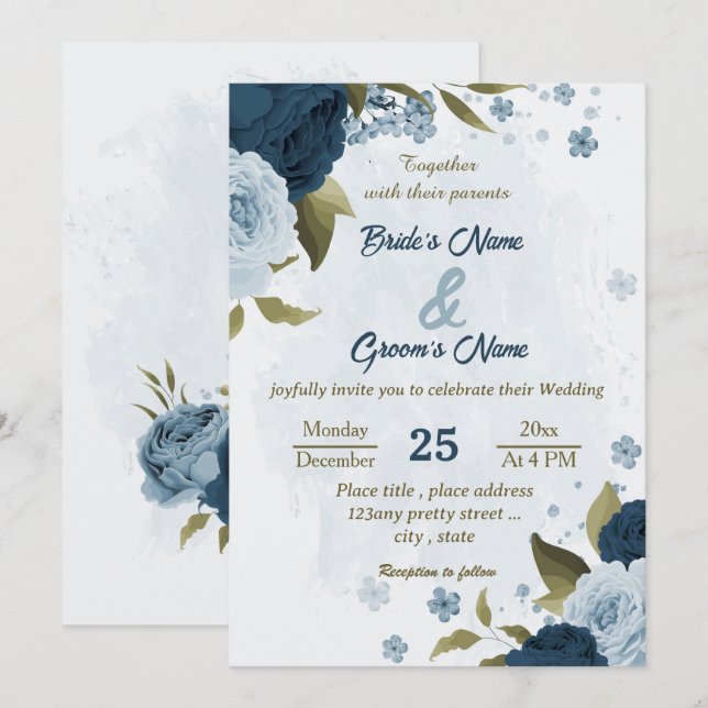 light blue navy blue flowers botanical wedding invitation (Front/Back)