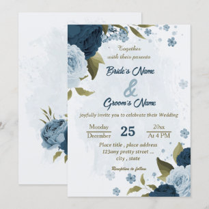 light blue navy blue flowers botanical wedding invitation