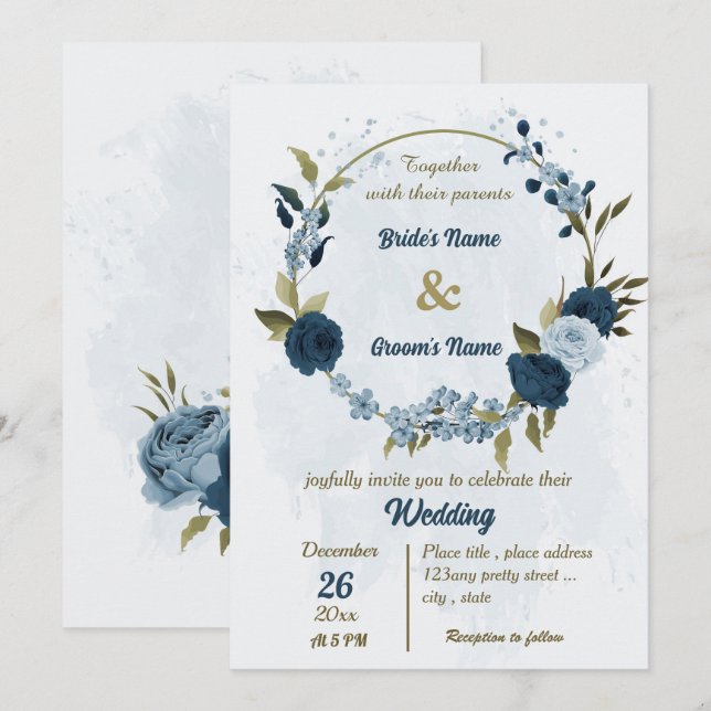 light blue navy blue flowers botanical wedding invitation (Front/Back)