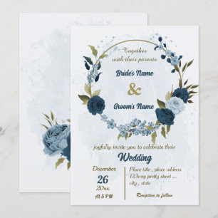 light blue navy blue flowers botanical wedding invitation